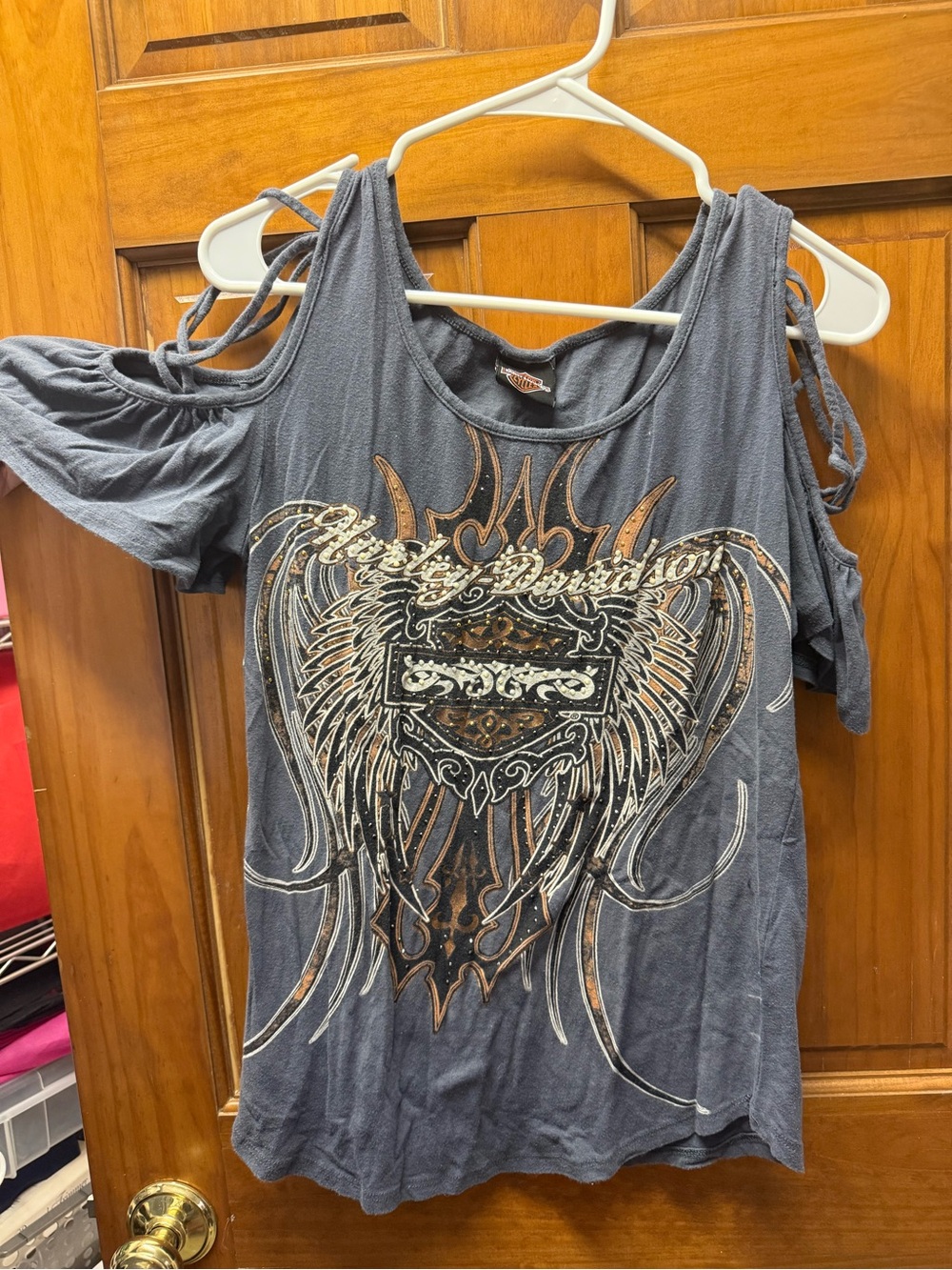 Harley-Davidson Gray Cold-Shoulder Graphic Tee with Winged Shield